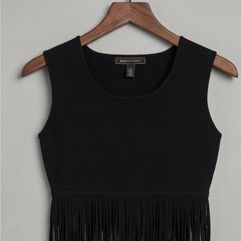 BCBGMaxAzria Black Fringe Crop Top Boho Festival Western Sleeveless Fringe Top M